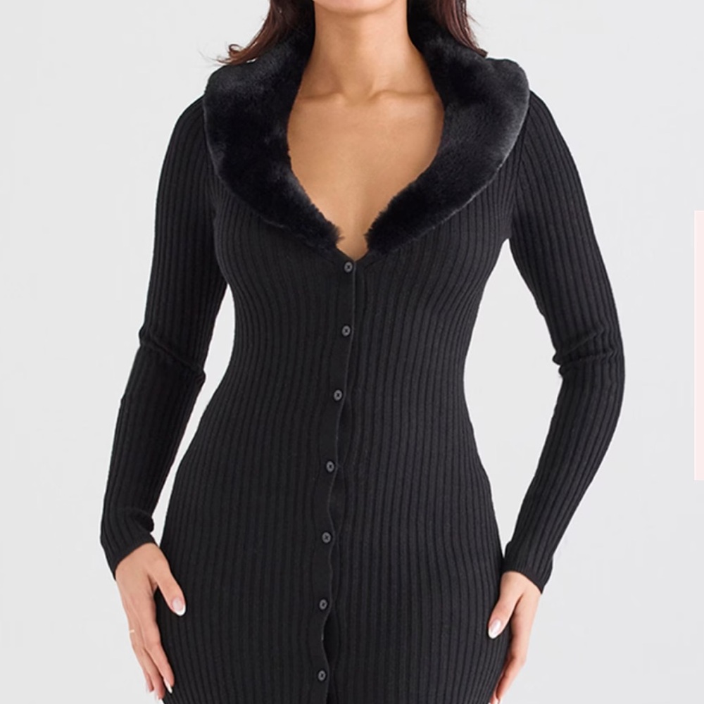 🧡 House of CB Raine Faux Fur Trim Long Sleeve Rib Dress Black - Picture 3 of 16